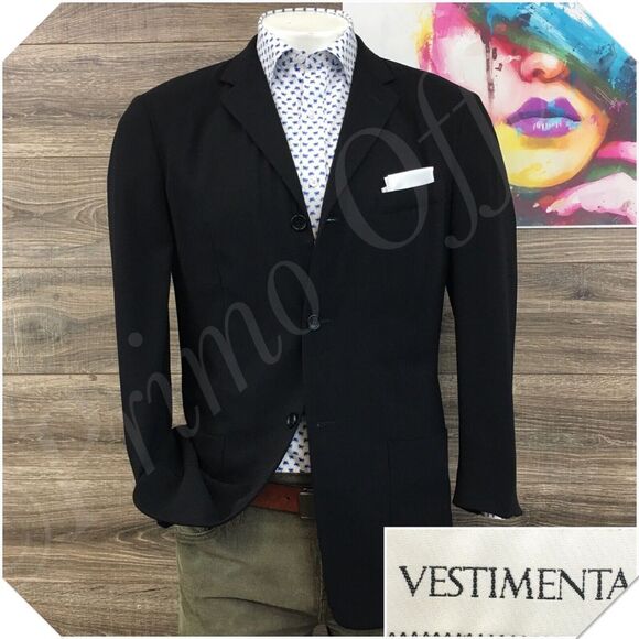 VESTIMENTA Mens Blazer Sport Coat Casual Jacket Size 42R Classic Black Wool Suit
